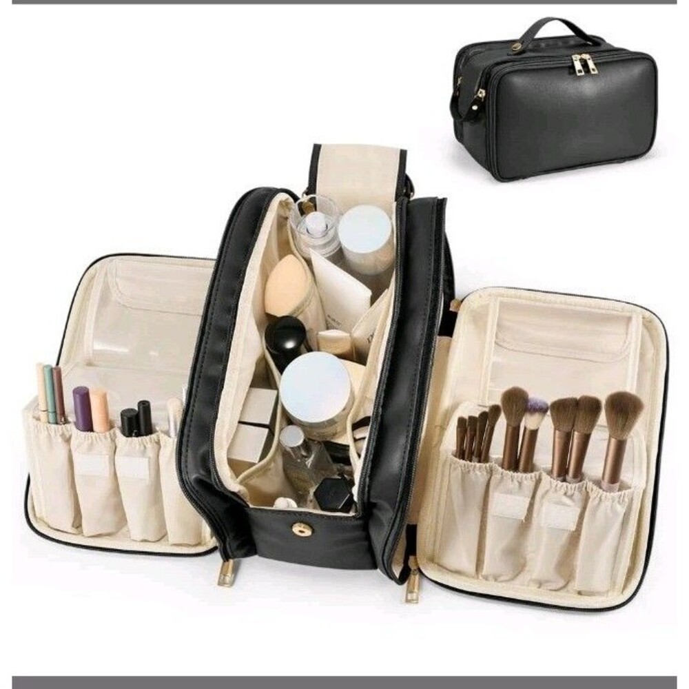 NWT HauteHues Large Capacity Travel Makeup Bag Organizer Open Flat Black